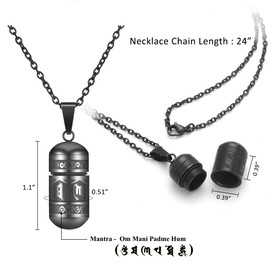 JSDDE Jewellery Stainless Steel Buddhist Mantra Pendant with 24 Inch Chain, Om Mani Padme Hum Prayer Grinder, Bottle, Capsule, Pendant, Urn Pendant for Women and Men, Stainless Steel, Black
