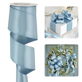 HUIHUANG Dusty Blue Satin Wired Ribbon 2.5 inch Blue Double-Faced Satin Wired Edge Ribbon for Bows, Flowers, Gift Wrapping, Wreaths, Baby Shower Decor, Wedding, DIY Crafts-Continous 10 Yards