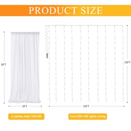 Fomcet White Tulle Backdrop Curtains 10FT X 8FT Tulle Curtains with Lights String Sheer Backdrop Curtains for Parties Wedding Birthday Party Baby Shower Photo Shoot Decorations (2 Panels 5 x 8FT)
