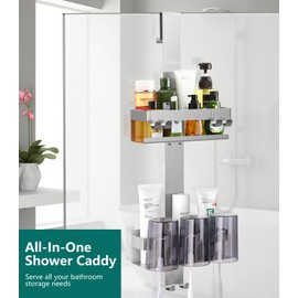 Emibele Over The Door Shower Caddy 2 Tier, 304 Stainless Steel Hanging Shower Caddy Rustproof Shower Shelves, No Drilling Hanging Shower Organizer for Bathroom Glass Door, Silver