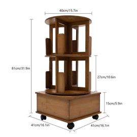 360°Rotating End Table 2 Tiers Children's Bookshelf Large Capacity Reading Rack Storage, 8 Compartments Night Stand Bedside End Table, Storage Table with 1 Drawers & Wheels (16.1×31.9in) (Tea Color)