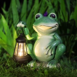Wowlela Solar Outdoor Frog Statue, Solar Frog Figurine with LED Handheld Lantern, Waterproof Hand-Painted Frog Solar Garden Statue Ornament Decor for Pathway Yard Lawn Patio, Housewarming Gift