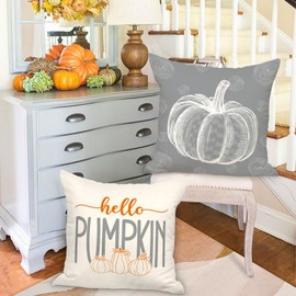 Benjia Grey 45x45 Autumn Cushion Covers Set of 4, Maple Leaf Pumpkin Decorative Holiday 18x18 Inch Fall Throw Pillow Covers Thanksgiving Pillow Case for Indoor Home Bedroom Couch Sofa Decor 45x45cm