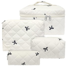 Quilted Makeup Bag, Large Capacity Travel Cosmetic Bag for Women and Girls, Aesthetic Storage for Daily and Travel Use, cream white, 4pcs-embroidered Bow