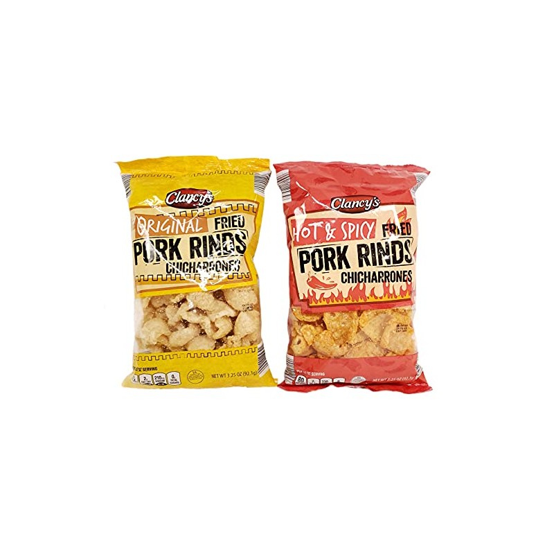 CLANCY's Fried PORK RINDS Chicharrones 2 Pack (ORIGINAL and HOT