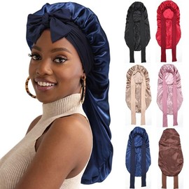 Solid Color Double-Layer Long Satin Bonnet Sleep Cap Adjustable Care Night Sleeping Cap for Women Braids Curly Hair Wrap for Bonnets with Tie Band - Color: C (1pc)