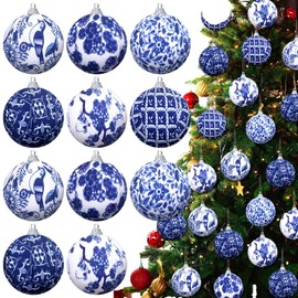 Preboun 12 Pcs Blue and White Chinoiserie Ball Ornaments Christmas Tree Hanging Ornaments Chinoiserie Fabric Wrapped Christmas Decoration for Party (3.15 Inch)