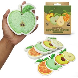 Biodegradable Cellulose Compressed Sponges Bulk - Fruit Shaped Kitchen Sponges Pack of 12 -  Compostable Dish Sponges for Washing Dishes - Odor Free Pop Up  Dish Sponges