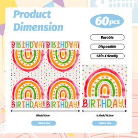Hrovsur Rainbow Happy Birthday Napkins, 60 Pieces Dots Design Birthday Disposable Cocktail Napkins for Men Women Kids Party Decorations Party Supplies, 6.5 x 6.5 Inch Folded