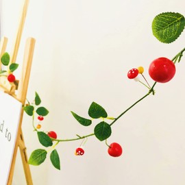 Artificial Cherry Mushroom Vines Fake Christmas Red Berry Leaf Hanging Garland for Wedding Home Garden Party Decor (Cherry Vine, 2 Pack)