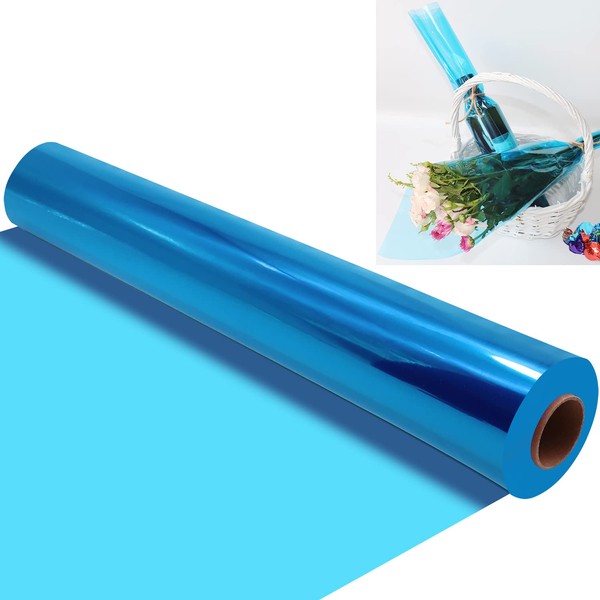 100 ft x 34 in Extra Wide Cellophane Wrap Roll Blue, Translucent Cellophane Roll for Gift Baskets Wrap, Colored Cellophane Wrapping Paper for Treats, Candies, Holiday, Birthday, Baby Shower Decoration