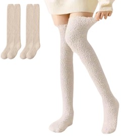YasYouRi Room Socks, Knee High, Fluffy Socks, 2 Pairs Set, Extra Thick, Warm, For Winter, Cold Protection, Fluffy, Warm, Long Bore, Sleeping, Cold, white (off-white)