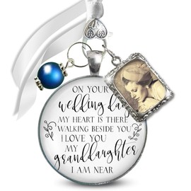 On Your Wedding Day My Granddaughter Customize Memorial Wedding Bouquet Charm Honor of Grandparent Frame Silver Finish Pendant Memory Bride's Grandma or Grandpa DIY Photo Template