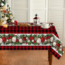 Horaldaily Christmas Tablecloth 60×60 Inch Square, Christmas Ball Ornaments Red Bufalo Plaid Washable Table Cover for Party Picnic Dinner Decor