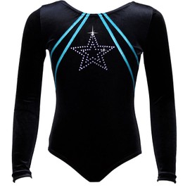 Gymnastics Leotard GymStar Long Sleeve Velour Velvet & Rhinestones Girls Gymnastics Leotard Velvet Body Kids Gymnastics, Velvet in black with turquoise