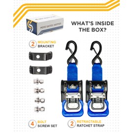 Strapinno 2PCS Stainless Steel Retractable Ratchet Straps (1 7/8 in x 4 ft) Transom Tie Downs for Boat Trailer - Extra Mounting Brackets & Bolt Set, Safety Latch S-Hook, Break Strength 1,650LB/750KG