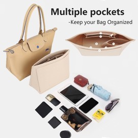 Handbag Organiser, Wallet Organiser for Longchamp, Felt Bag Organiser with Multiple Pockets, Large Capacity Handbag Insert, Purse Accessories for Longchamp Carry Bag (Beige, M)
