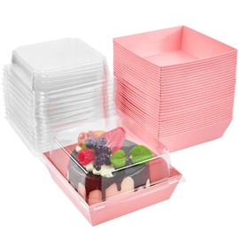 Kucoele 50 Pack Small Charcuterie Boxes with Clear Lids, 4 Inches Paper Bakery Boxes Dessert Boxes Disposable To Go Food Containers for Cookie, Cake Slice, Mini Cake, Chocolate Strawberry (Pink)