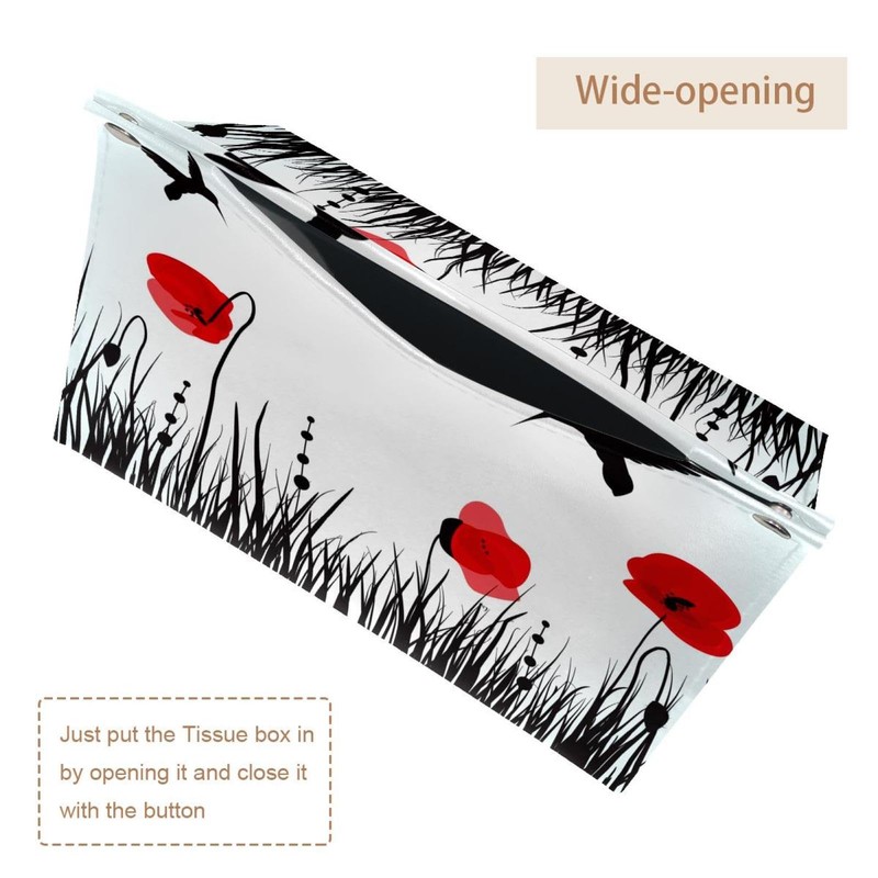 2 Pack Tissue Box Cover Holder, Red Poppies Hummingbirds Rectangle