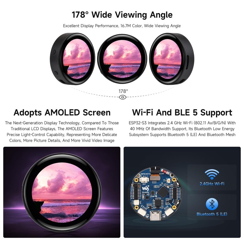 Waveshare ESP32-S3 1.43 inch AMOLED Display Development Board, 466 x
