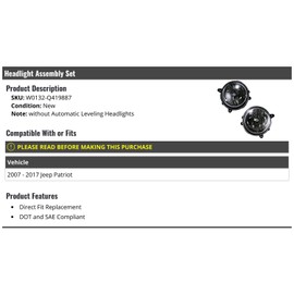 Marketplace Auto Parts Headlight Assembly Set of 2 - Compatible with 2007-2017 Jeep Patriot (without Automatic Leveling Headlights)