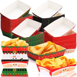 Dunzoom 80 Pcs Christmas Paper Food Trays Disposable Christmas Movie Snack Trays Food Boat Santa Elf Snowman Serving Trays Nacho Popcorn Hot Dog Container for Holiday Xmas Party Supplies Decorations