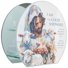 Elanze Designs I Am The Good Shepherd - John 10:14-15 8x7 Inch Multicolor Frosted Glass Round Tabletop Candle Holder - 3 LED Tealights Included