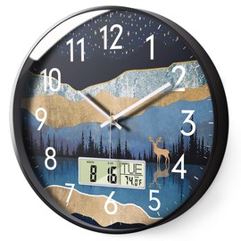 Digital Wall Clock Silent Non-Ticking Battery Operated Wall Clock with LCD Display Calendar Temperature Elk Mountain Pattern Wall Clock Decorative for Living Room Bedroom Home Office Kitchen 14inch