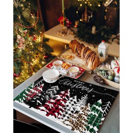 Christmas Tree Black Placemats Set of 6 Washable Table Mats for Kitchen Dining Table, Winter Cotton Linen Place Mats for Indoor Outdoor Parties Holiday Decoration, Snowflake Leopard Buffalo Plaid