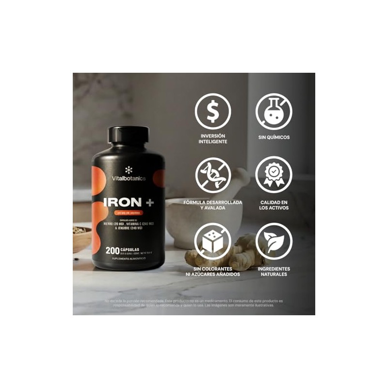 Vital Botanics Hierro Suplemento Vitamina Jengibre 500 Por Porción 200