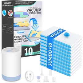Vacuum Seal Bags for Clothing,10 Jumbo Vacuum Storage Bags with Rechargeable Air Pump,Space Saver Bags for Clothes,Travel Luggage,Blanket,Bedding,Pillows,Comforters