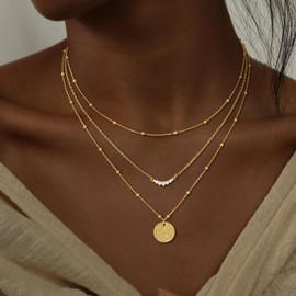 CHESKY Layered Gold Necklaces for Women, Stackable Dainty 14K Real Gold Plated CZ Diamond Bar Disc Pendant Necklace for Women Adjustable Layering Beads Chain Choker Necklace Jewelry for Women Gifts