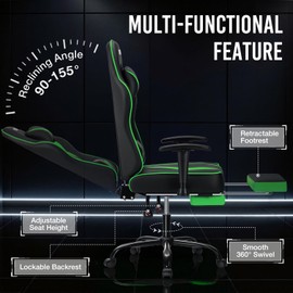 HOFFREE Reclining Gaming Chair for Adults Computer Gamer Chair with Footrest and Massage Lumbar Support Ergonomic Video Game Chair with Adjustable Armrests Green and Black