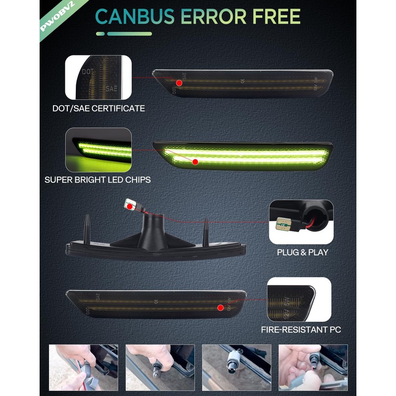 PWOBVZ Green Side Marker Lights Compatible with Ford Mustang 2010