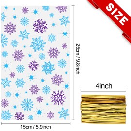 Whaline 100Pcs Winter Cellophane Bag with 100 Gold Twist Ties Purple Blue Snowflake Candy Cookie Treat Bag Clear Xmas Winter Cello Goody Bag for 2025 New Year Eve Party Supplies