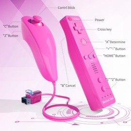 TechKen Remote Controller for Wii, Built-in 2 in 1 Motion Plus with Silicon Case and Nunchuck (Pink)