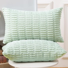 Madizz Pack of 2 Boho Striped Corduroy Throw Pillow Covers 12x20 inch, 30x50 cm, Light Green Soft Decorative Cushion Cover for Sofa Bedroom Pillow Shell