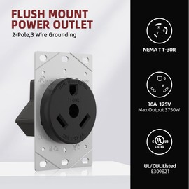 NEMA TT-30R 30 Amp 125 Volts 3 Prong Grounded Flush Mount Power RV Trailer Outlet Receptacle for Campers, RV, Travel Trailers, Motorhome, Adapters, UL Listed, 030666