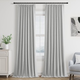 Cortinas opacas de lino gris de 90 pulgadas de largo, juego de 2 paneles para sala de estar, recámara, cortinas plisadas con aislamiento térmico 100% negro con ganchos, oscurecimiento de la habitación