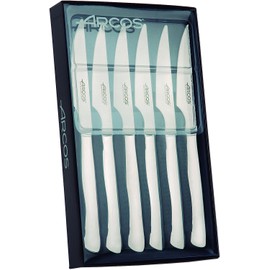Arcos 4 Inch Non Serrated Steak Knives Set of 6. Meat Knife with Smooth Edge for Cutting and Fillet. Monoblock Stainless Steel Blade and Handle. Series Mesa