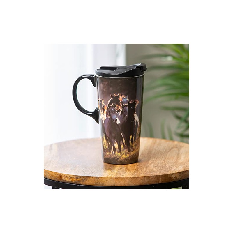 Evergreen Flag Ceramic Travel Cup, 17 OZ.,w/box, Running Horses