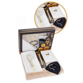 ihvan online, Islamic Prayer Gift Set, 99 & 33 Pearly Beads, Yaseen Book, Muslim Prayer Rug, Miswak, Muslim Kufi Hat, Hijab, Islamic Luxury Gifts Set for Hajj, Umrah, Ramadan, Eid, White/Box 1