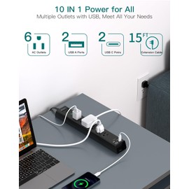 15Ft Extension Cord - Addtam Long Cord Power Strip with 6 AC Outlets and 4 USB Ports(2USB C), Wall Mount with Surge Protection, Multi Plug Outlets for Home Office College Dorm Room Essentials