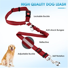 Lukovee Dog Seatbelt Leash for Cars, 2 Pack Pet Safety Car Seat Belt with Adjustable Buckle & Reflective Bungee, Connect Dog Harness in Vehicle Car Dogs Restraint Travel Daily Use (Red)