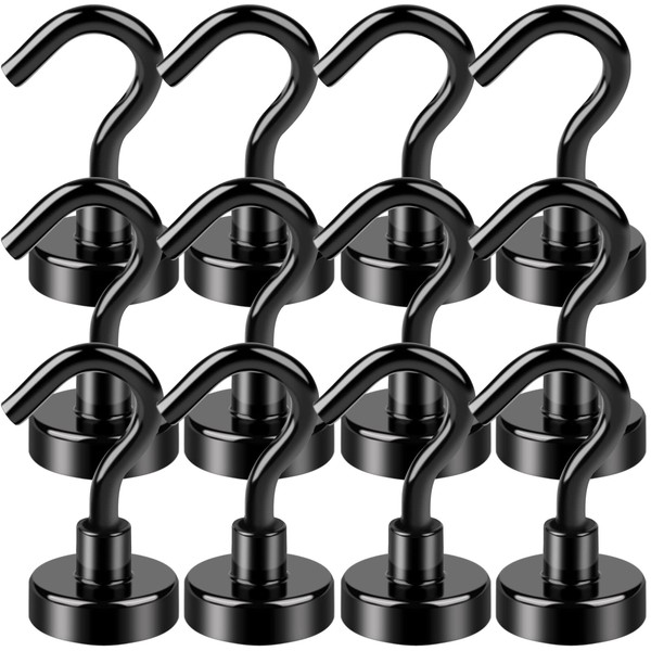 LOVIMAG Black Magnetic Hooks, 25Lbs Strong Magnetic Hooks Heavy Duty with Epoxy Coating for Refrigerator, Magnetic Cruise Hooks for Hanging, Classroom, Office, and Kitchen - Pack of 12