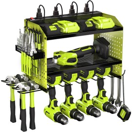 Veitorld Power Tool Organizer with Charging Station, Heavy Duty Modular Wall Mount Rack for Garage - 4 Drill Holders, Tool Storage Organizer, Christmas Birthday Gifts for Men Him Dad Husband