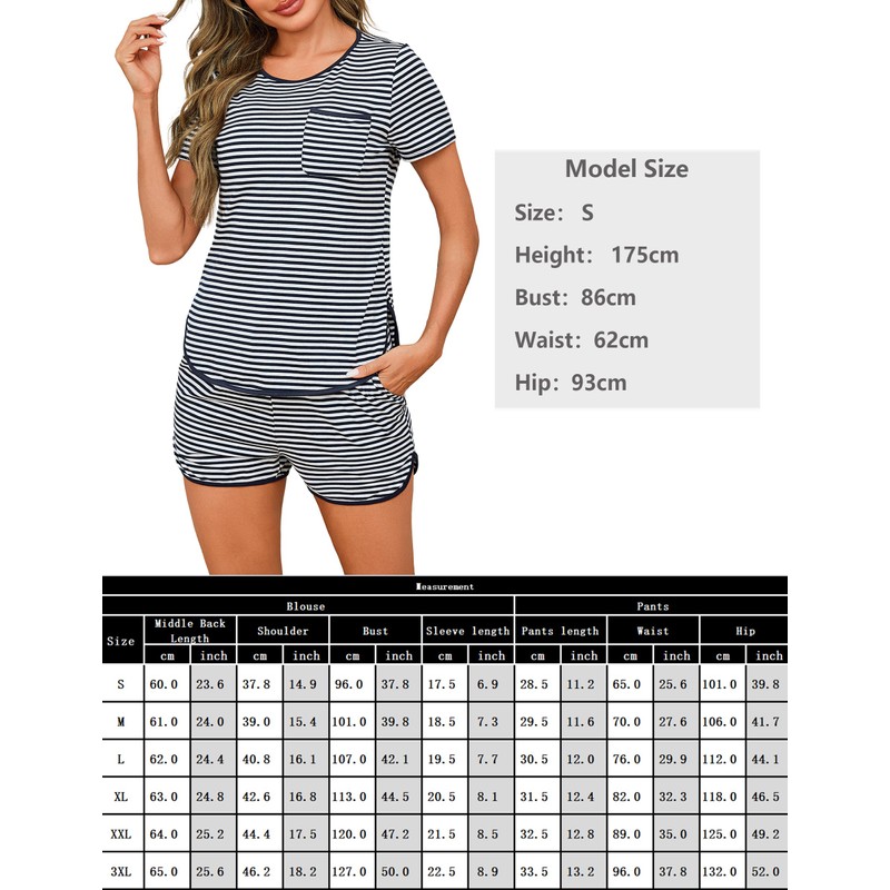 Demegimi Women's Short Pyjamas Cotton Striped Summer Sleepwear Round Neck,