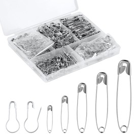 500pcs Safety Pins Assorted Size, 2 Design Metal Stainless Steel Sewing Bulb 22/19/28/38/45/54mm Strong Small Clothing Tag Gourd Calabash Bulb Pin with Storage Box for Clothes Craft Knitting Quilting