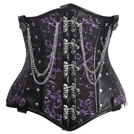 Top Drawer Black/Purple Steel Boned Underbust Corset w/Chains and Clasps (Large)
