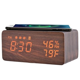Alarm Clock, Desktop, Digital, Multi-functional, Wood, Qi Wireless Charger, Snooze, Temperature / Humidity / Alarm, Brightness Adjustment, USB Power, Technical Compliance, Qi Certification (Brown)